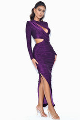 Sparkly Ruched Cutout Split Maxi Dress